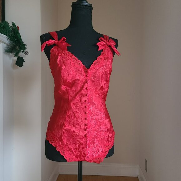 VTG Victoria’s Secret Gold Label Red Satin Jacquard Teddy M Lace Bows Holiday - Picture 1 of 12